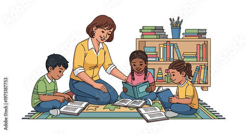 A bright, colorful vector of a teacher reading to children sitting in a circle on a patterned rug in front of a bookshelf, creating a warm and inviting scene with an emphasis on literacy