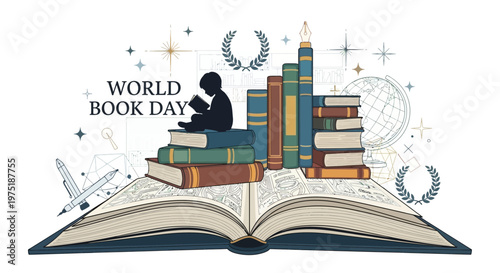 An open book forms the base of this World Book Day themed illustration, with a silhouetted character reading atop a stack of books, rendered in a flat style against a background