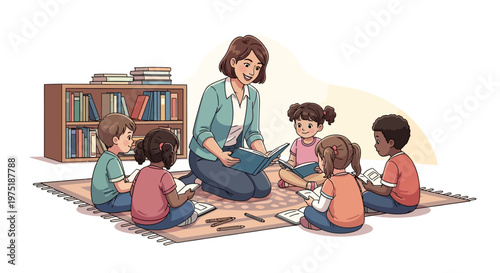 A friendly teacher reads aloud to a group of children during World Book Day, seated in a circle on a patterned rug in a bright classroom in this colorful vector illustration with a cheerful
