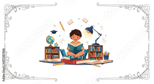 A cheerful cartoon character enjoys World Book Day, engrossed in reading a storybook while seated cross-legged amidst stacks of books, with a desk lamp illuminating the scene