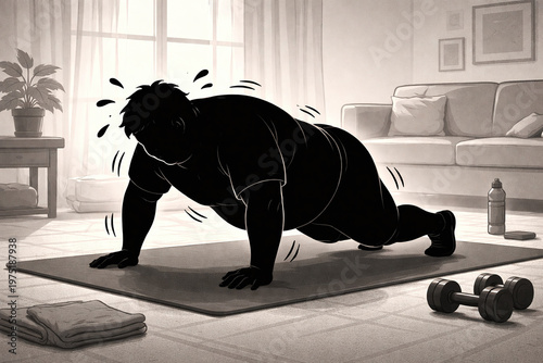 silhouette of overweight beginner guy struggling to do push up at home