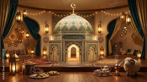 Islamic interior design illustration with dome and lanterns decorative elements