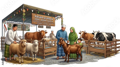 Islamic livestock market scene with people and animals for religious event