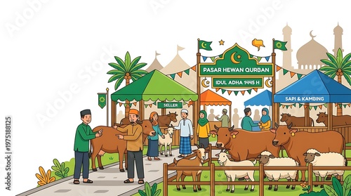 Islamic market scene illustration with people selling and buying animals