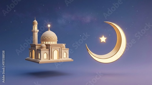 Islamic mosque and crescent moon symbol against a gradient blue background