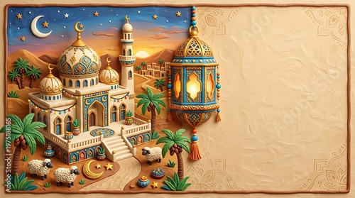 Islamic mosque illustration with a lantern and decorative elements on a beige backdrop