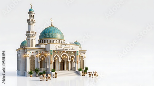 Islamic mosque illustration with ornate architecture and teal dome on white background