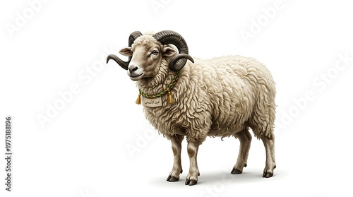 Isolated ram illustration with curved horns and soft wool against a white background