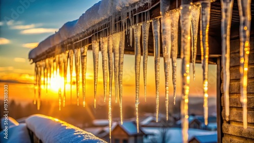 Golden Hour Icicles Glistening on a Frosty Eaves During a Winter Sunset