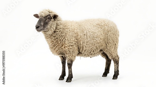 Isolated sheep on white background portrait showing wool and black features