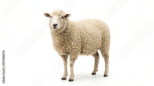 Isolated sheep on white background portrait showing wool and features