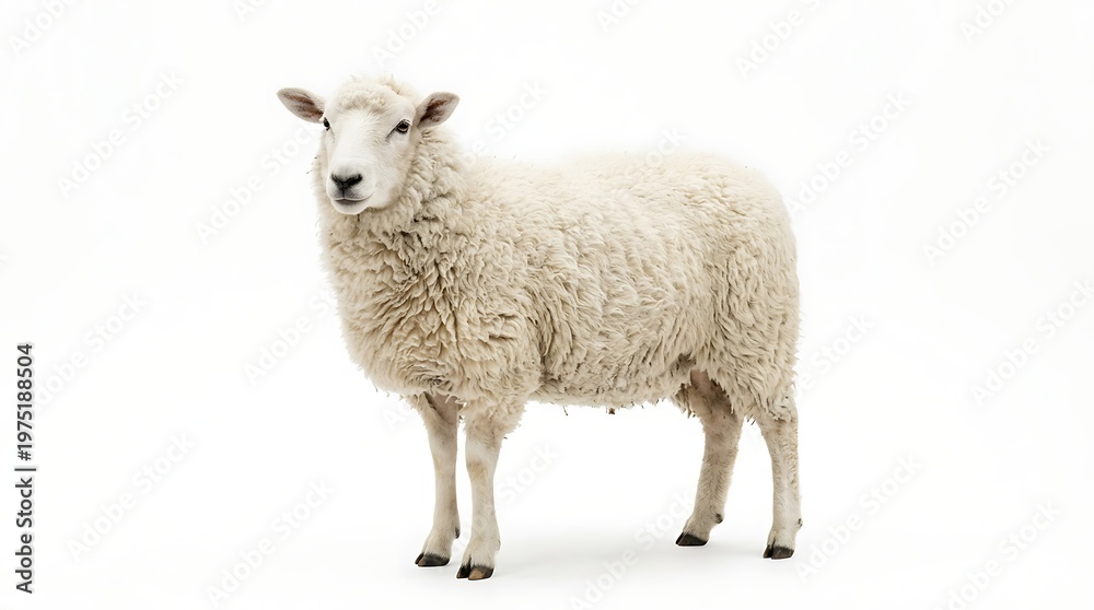 Fototapeta premium Isolated sheep stands against a white background with fluffy wool