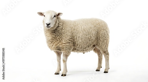 Isolated sheep stands gracefully on a clean white background studio shot