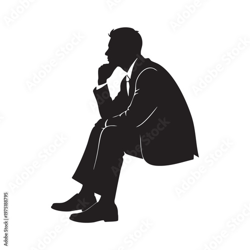 Silhouette of a businessman thinking sitting pose isolated on white background concept of contemplat