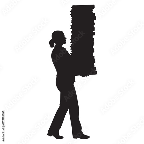 Silhouette of woman carrying large stack of papers concept of workload and office tasks isolated on 