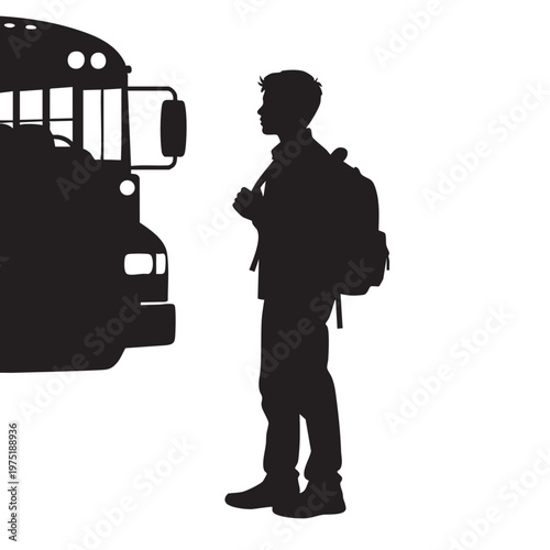 Student with backpack waiting for school bus silhouette illustration for education and transportatio