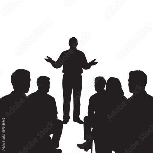 Silhouette of a speaker addressing an audience group meeting concept vector illustration on white ba