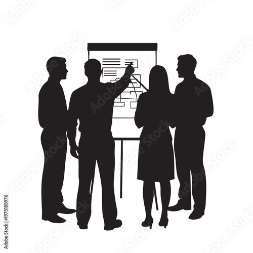 Business team silhouettes presenting a flowchart on a whiteboard concept for strategy and planning i