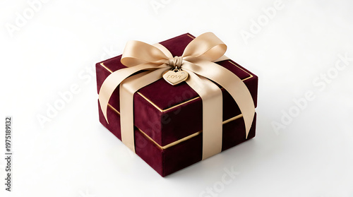 A beautifully wrapped red gift box with gold ribbon sits on a surface.