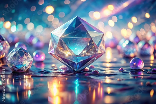 Luminous facets of iridescent gemstone clusters reflecting vibrant, shimmering lights on a dark, reflective surface