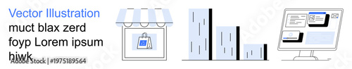 Online shopping, data analysis, digital interfaces, business growth, technology, e-commerce trends. Shopping icon, bar chart computer screen. Online shopping and data analysis concept