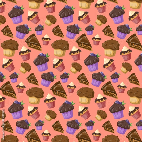 Seamless chocolate pastry pattern. Vector background with chocolate cupcakes, muffins and cake slices on coral background. Bakery and confectionery texture