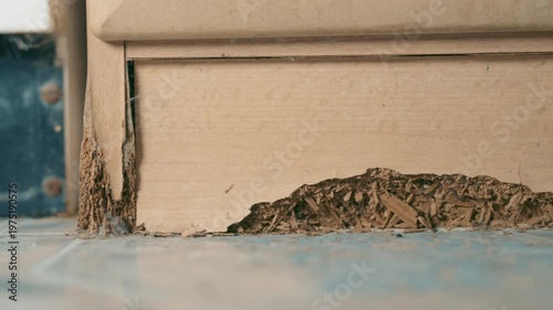 Water Damaged Kitchen Cabinet Base Close-Up: Swollen and Crumbling Particleboard from Moisture Exposure | Furniture Deterioration and Home Renovation Concept