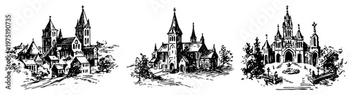 Medieval church buildings and cathedrals set in classic ink sketch style