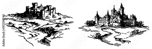 Medieval castle fortresses on hilltops with scenic landscape in hand drawn style