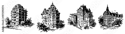 European city apartment buildings and historical mansion architecture in vintage woodcut style