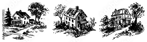 Suburban house buildings and rural cottages in hand drawn ink sketch style