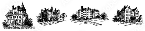 Grand historical mansion buildings and manor house architecture in vintage woodcut style