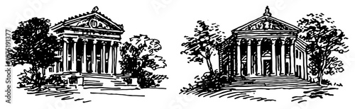 Classical temple building with columns and pediment architectural engraving style