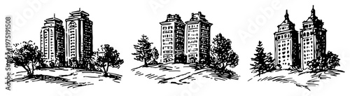 Residential apartment towers and modern skyscrapers in artistic ink drawing style