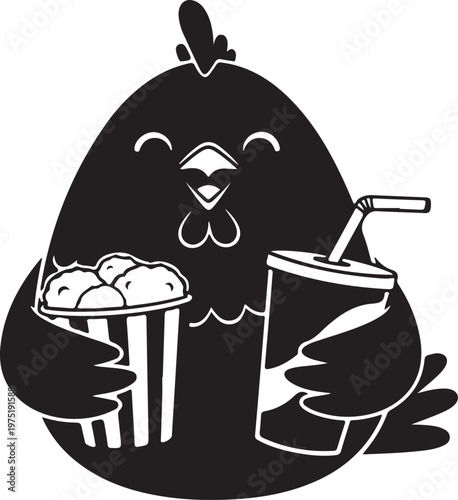 A cartoon chicken eating popcorn and drinking a soda Vector, illustration