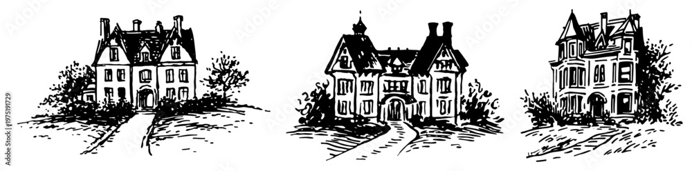 Naklejka premium Grand historic mansions and luxury estate houses in hand drawn sketch style
