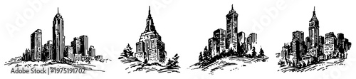 City skylines and metropolitan skyscraper panoramas in hand drawn sketch style