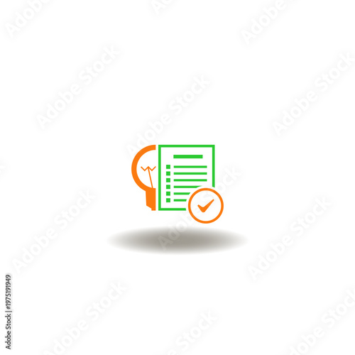 Vector illustration of document list with lightbulb and check mark. Symbol of conclusion.