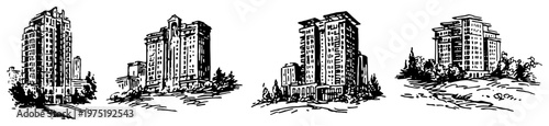 Grand hotel buildings and luxury apartment towers on hills engraving style