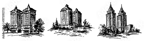 High rise skyscrapers and twin towers architecture in vintage engraving style