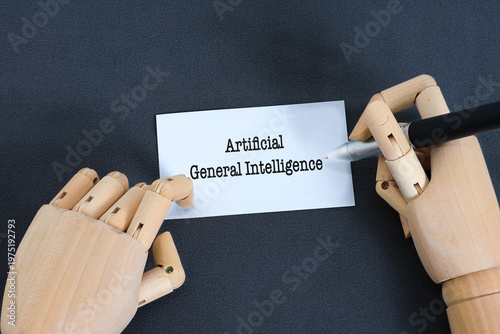 Wooden Robotic Hands Writing Artificial General Intelligence Concept Representing Future AI and Human Machine Interaction