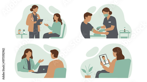 Professional doctors consulting patients, nurse performing blood test and telemedicine online appointment illustration, concept for healthcare service, clinic marketing and medical insurance