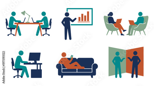 Flat vector illustration of professional managers, executives and office workers performing various corporate tasks in a workspace, concept for business management, workflow and recruitment