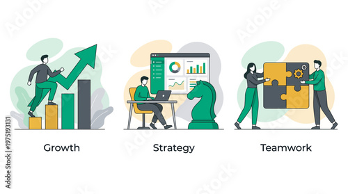 Financial analyst climbing growth charts, project manager planning strategy and office colleagues solving puzzle, concept for business development, corporate management and leadership training