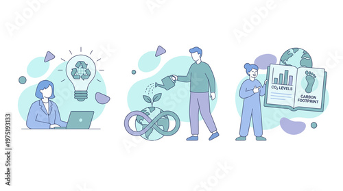 Corporate sustainability managers working on ecological reports and green business solutions, concept for circular economy, corporate esg strategy and carbon footprint reduction