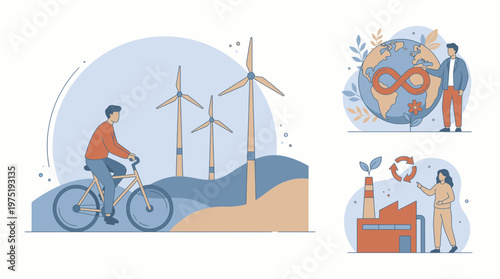 Sustainability consultant riding bike near wind turbines, earth globe and factory scenes, concept for renewable energy marketing, circular economy report and green business awareness
