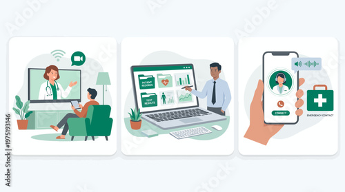 Patient and medical health analyst using telehealth services through video conference on smart television and laptop, concept for online consultation, digital database and mobile emergency