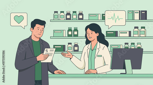 Female pharmacist in white coat assisting a businessman holding a medical prescription in a drugstore pharmacy, concept for healthcare services, pharmaceutical consultation and medical insurance
