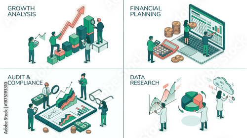 Professional analysts managing isometric financial charts, data research and audit reports with digital devices and icons, concept for financial planning, investment strategy and business growth
