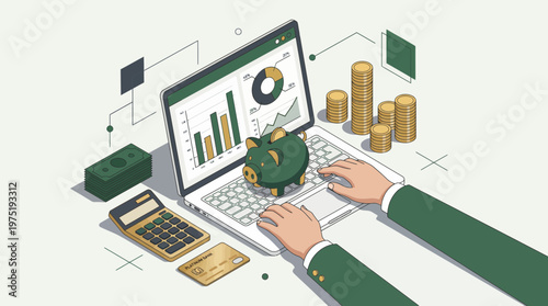 Financial accountant hands typing on laptop with data charts piggy bank coins and calculator on desk, concept for investment planning, wealth management and financial reporting